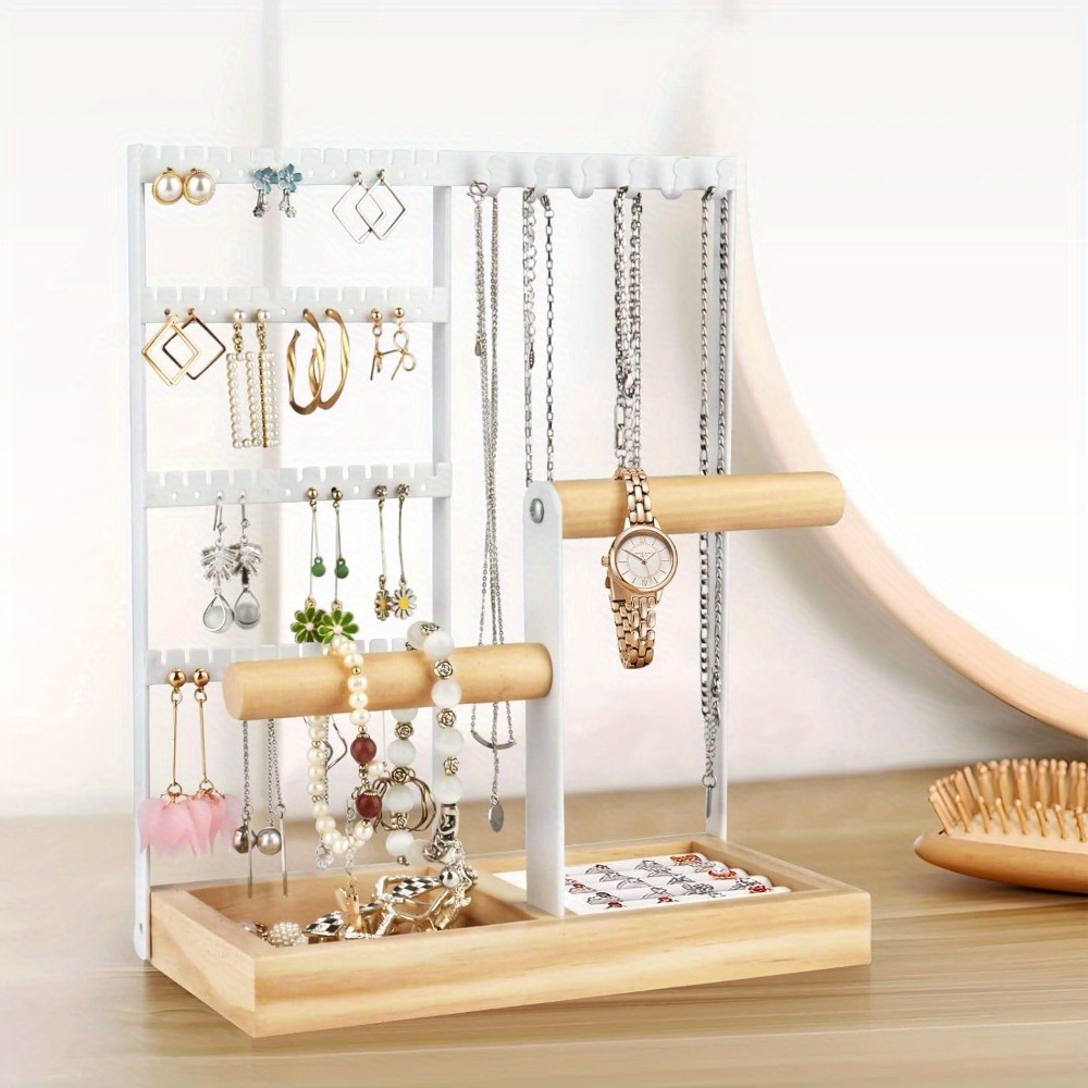 Organizador de joyas, soporte organizador de aretes de 5 niveles con 48  agujeros y bandeja de anillos de madera, 6 ganchos para collares, pulseras