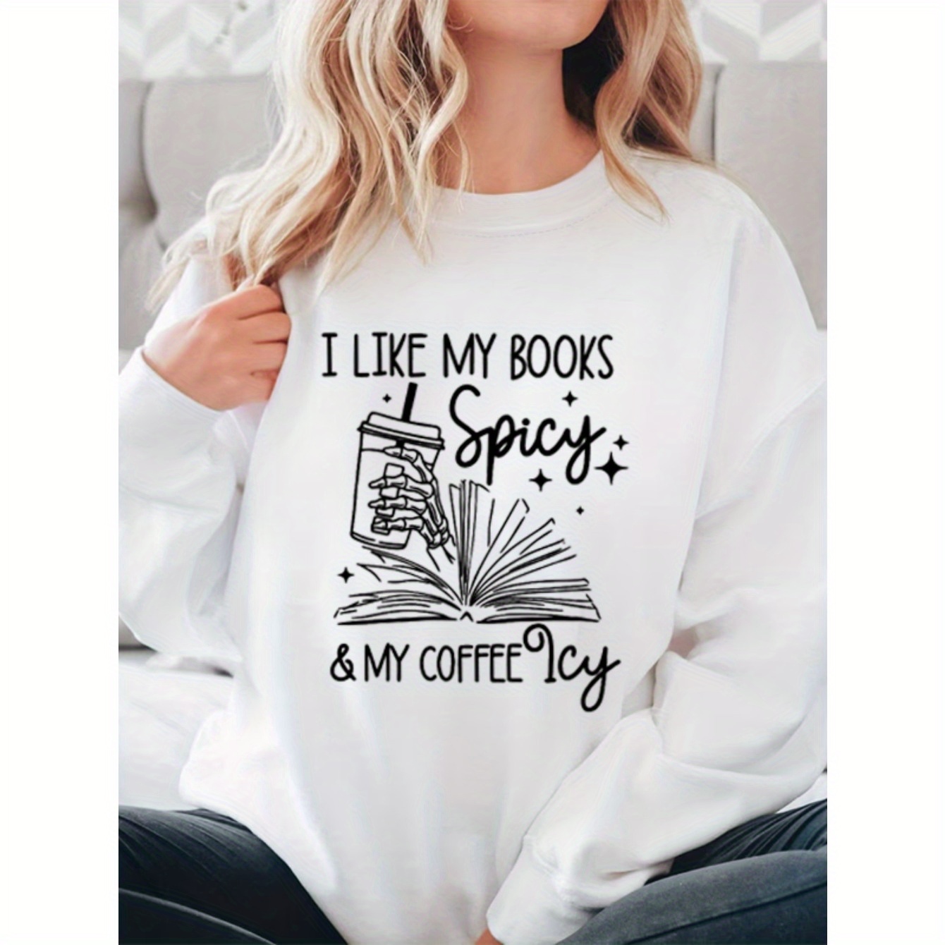 

Book & Letter Print Loose Sweatshirt, Casual Crew Neck Long Sleeve Sweatshirt, Women's Clothing