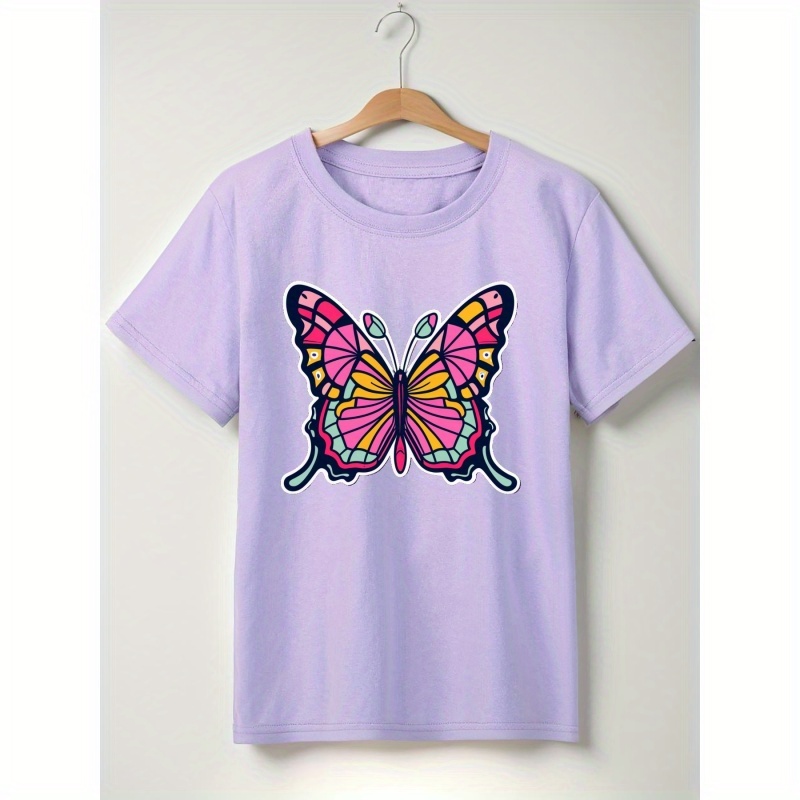 

Cartoon Vibrant Butterfly Artwork Print Kids Girls Short Sleeve Cotton Breathable Loose T-shirt, Girls Comfy Casual Pullovers Tops For Summer Gifts Party