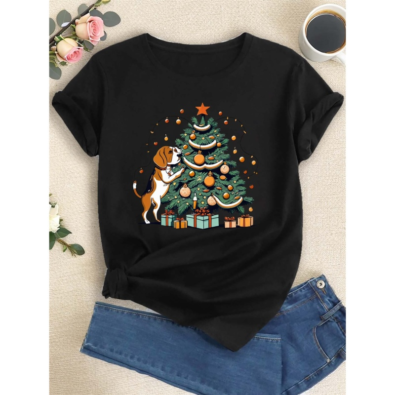 

Christmas Tree Beagle Print T-shirt, Short Sleeve Crew Neck Casual Top For Summer & Spring, Women's Clothing