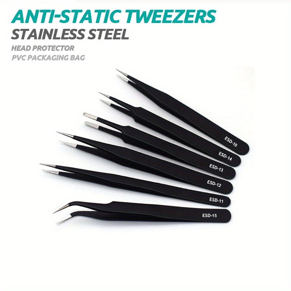 6pcs ESD Anti-Static Stainless Steel Tweezers - Precision Maintenance & Industrial Repair Curved Tools for Home Working & Model Making