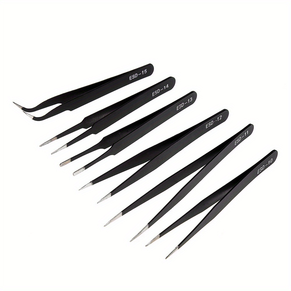 6pcs ESD Anti-Static Stainless Steel Tweezers - Precision Maintenance & Industrial Repair Curved Tools for Home Working & Model Making