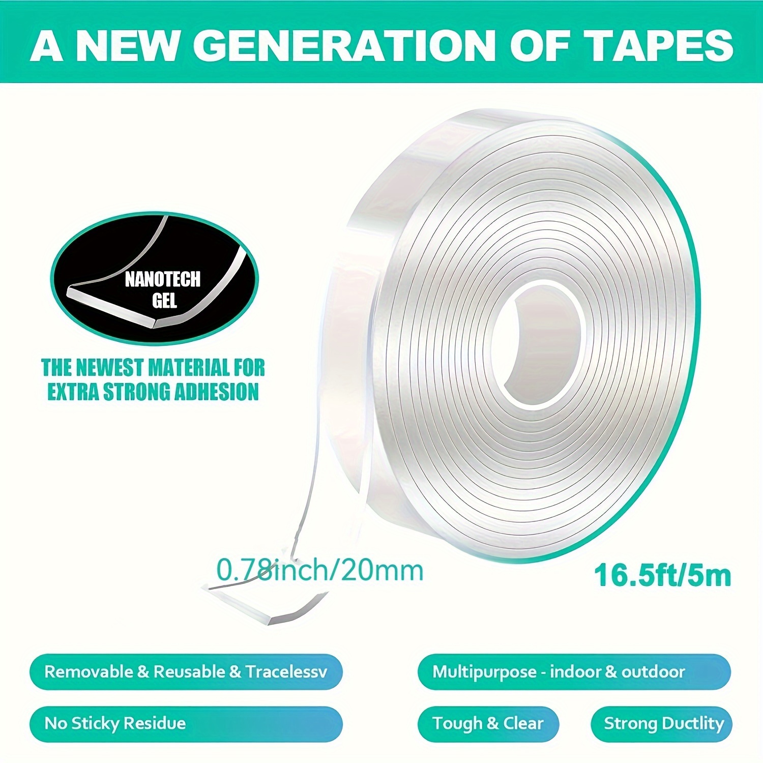 Double Sided Tape Heavy Duty(16.5ft/5m)multipurpose Wall Tape Adhesive  Strips Removable Mounting Tape,reusable Strong Sticky Transparent Tape Gel