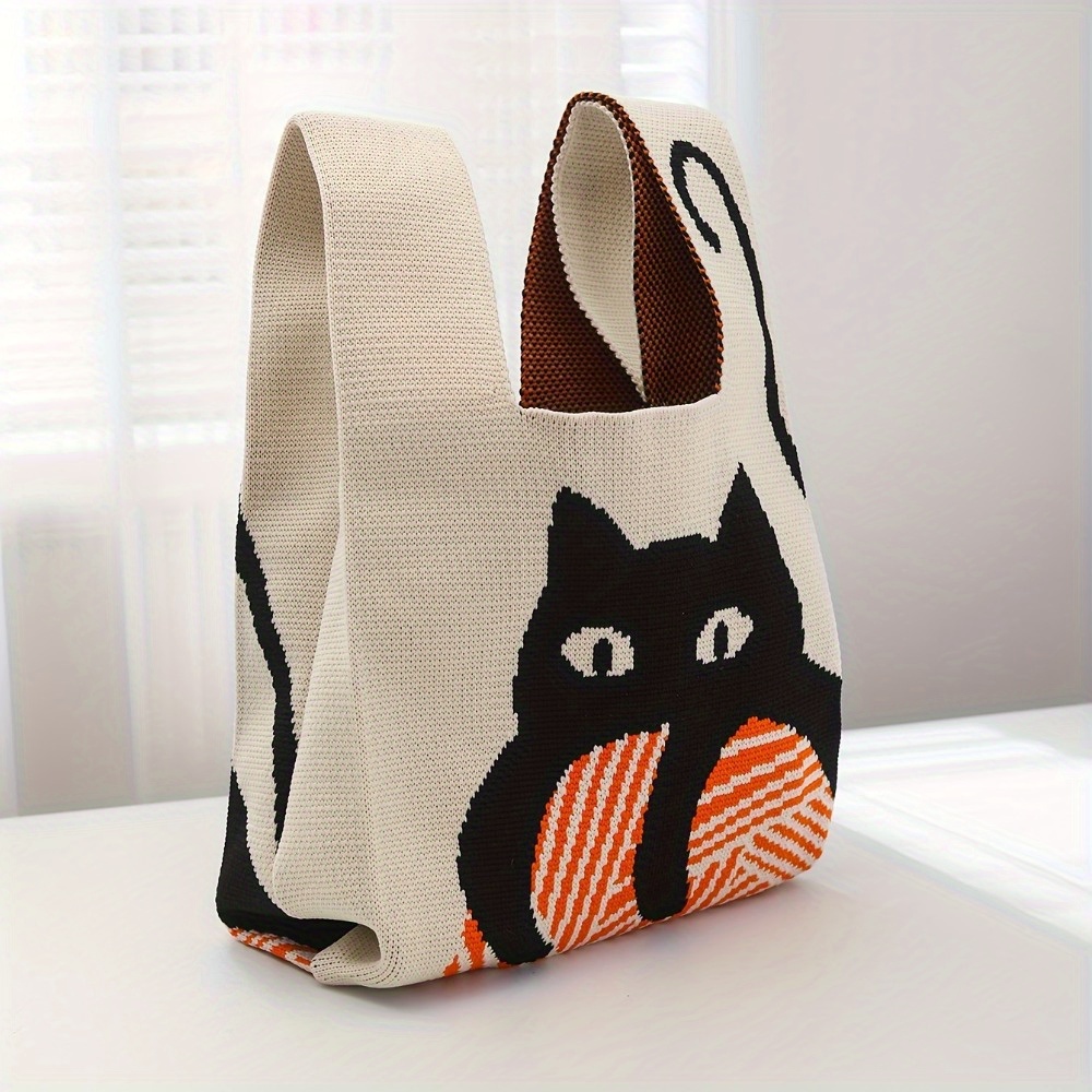 

1pc Cute Cat Pattern Knitted Handbag, Portable Wrist Knotted Bag, Casual Versatile Carrying Bag For Daily Use