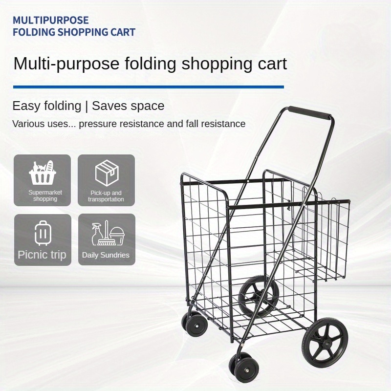 Carrito de compras carrito de compras con 4 ruedas, carrito de equipaje  portátil de doble freno para compras, picnic, almacenamiento en el hogar (3)