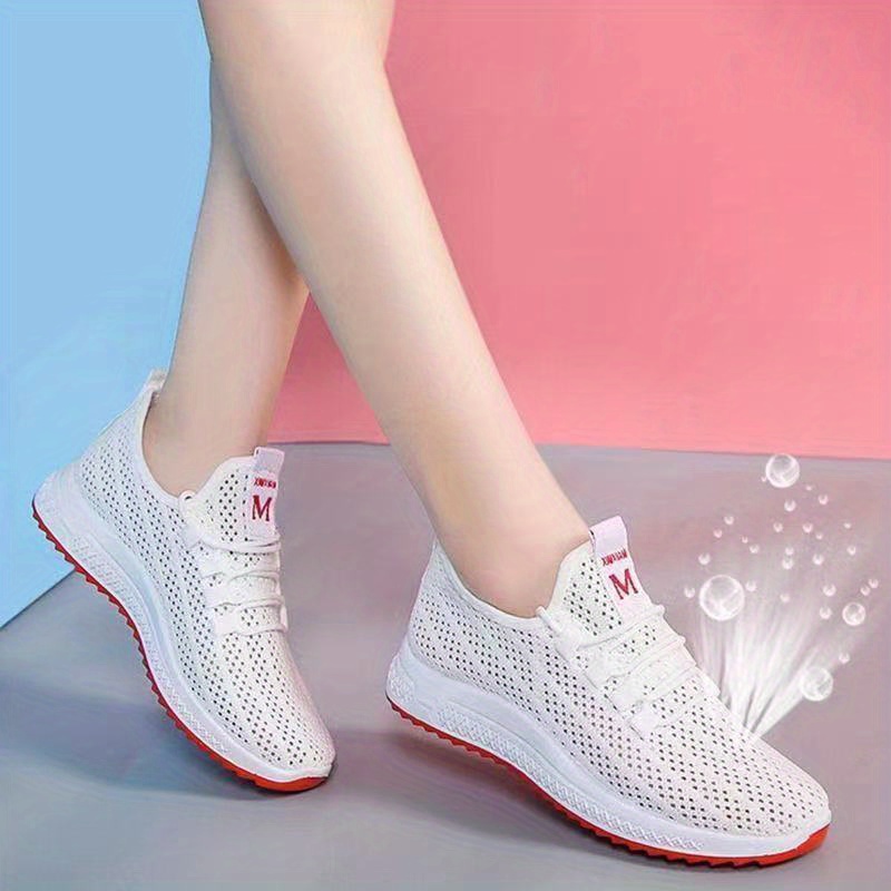

Women's Solid Color Mesh Sneakers, Lace Up Soft Sole Lightweight Walking Knitted Shoes, Low-top Breathable Shoes
