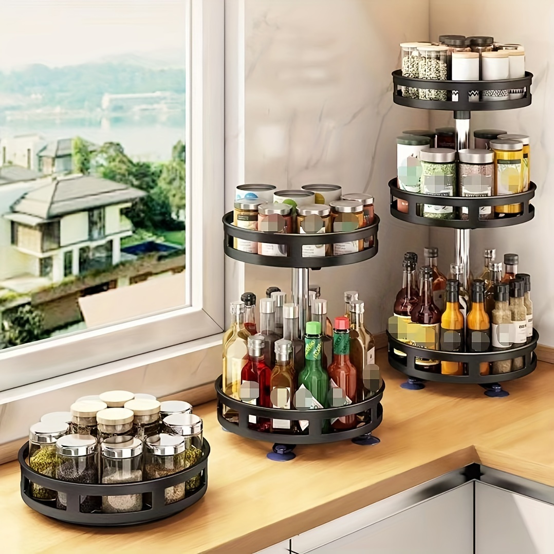 

1pc Multifunctional Rotating Storage Rack With Adjustable Height And Spray Paint Finish - Perfect For Kitchen, Bathroom, And Countertop Organization For Restaurant