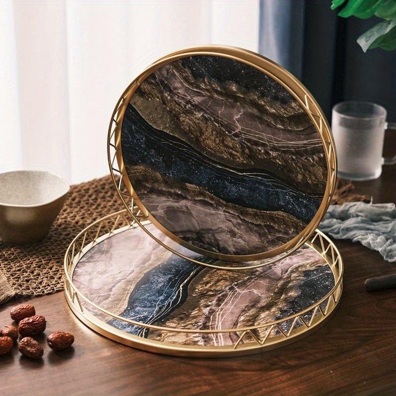 

1pc Wooden Round Marble Grain Tray, Decorative Storage Tray, Tea Tray, Storage Tray, Home Decoration Tray, For Home Room Living Room Office Decor