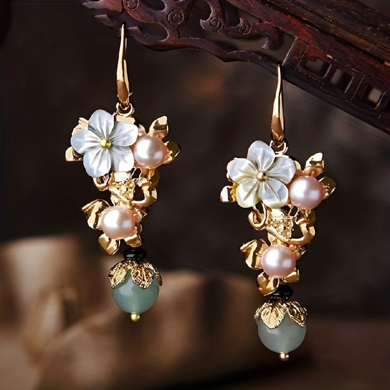 

Exquisite Bead Flower Pendant Hoop Earrings Imitation Pearl Inlaid Alloy Ear Jewelry Elegant Luxury Style Earrings For Women