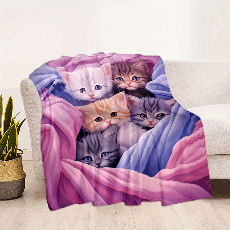 TEMU 1pc Cozy Cute Kitten Blue And Pink Background Blanket Lightweight Flannel Digital Printing Fleece Blanket For Sofa Office Couch Bed Travel Camping Livingroom Soft Warm Flannel Blanket, Gifts For