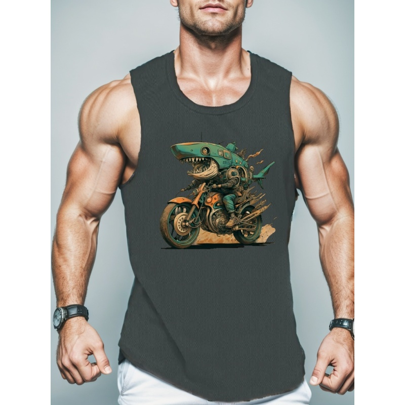 

Motorcycle Shark Print Sleeveless Tank Top, Men's Active Undershirts For Workout At The Gym