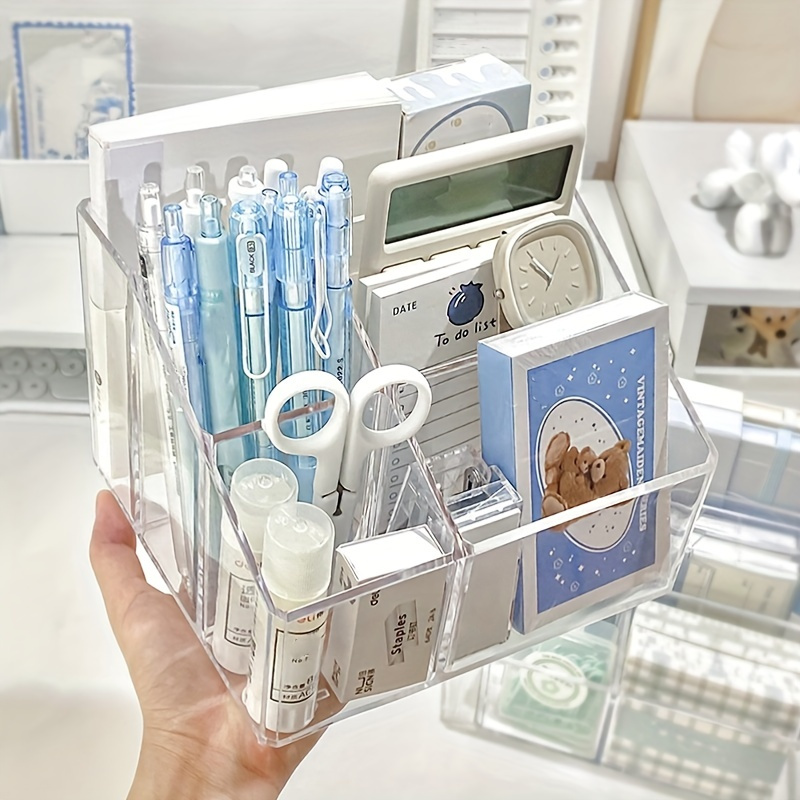 1pc Clear 3-Gird Pen Holder,Simple 3-Grid Desktop Stationery Storage Box  For Office,Student Stationery Storage,Makeup Brush Holder.