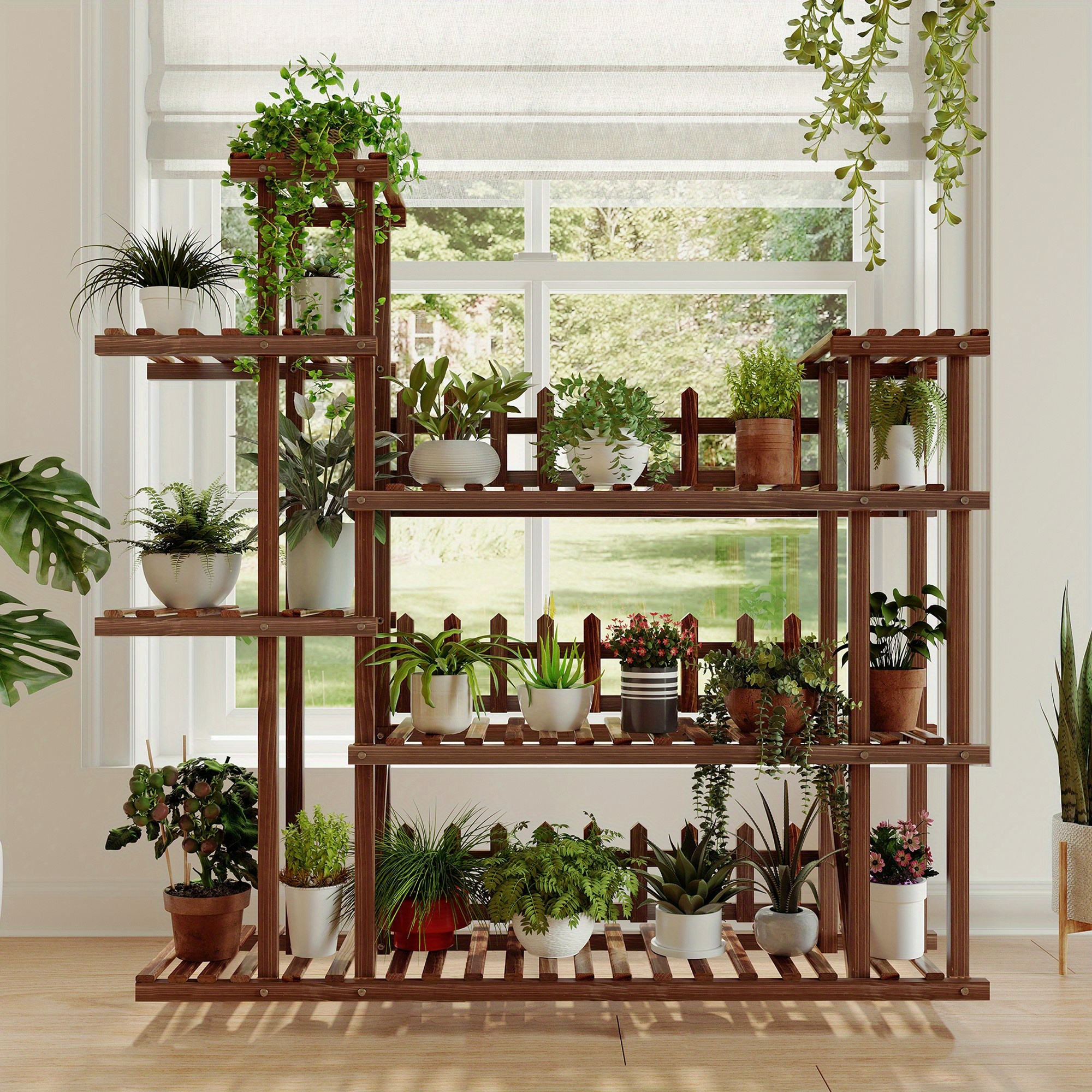 Estantería de macetas, de bambú, para plantas de 6 niveles y 7 macetas.  Estante para macetas múltiples. Para interiores o exteriores.Unidad de
