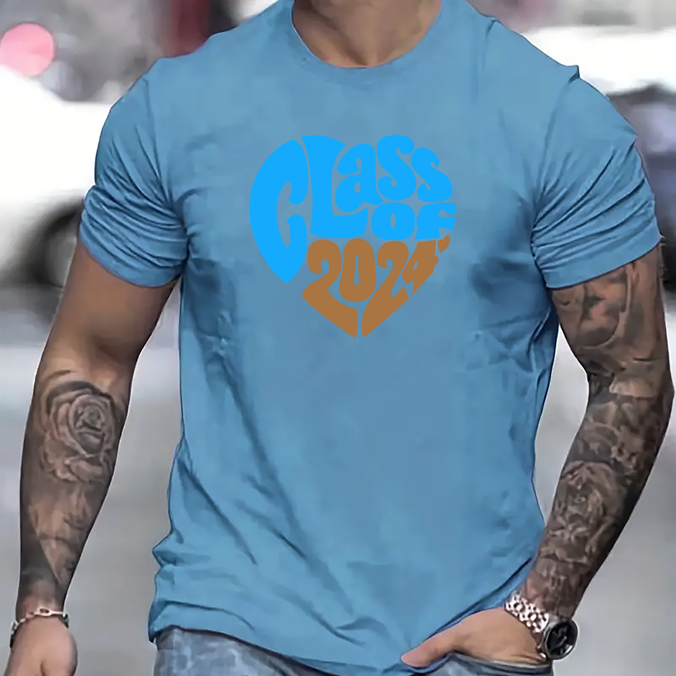 

Class Of 2024 In Heart Shape Graphic Print, Men's Novel Graphic Design T-shirt, Casual Comfy Tees For Summer, Men's Clothing Tops For Daily Activities