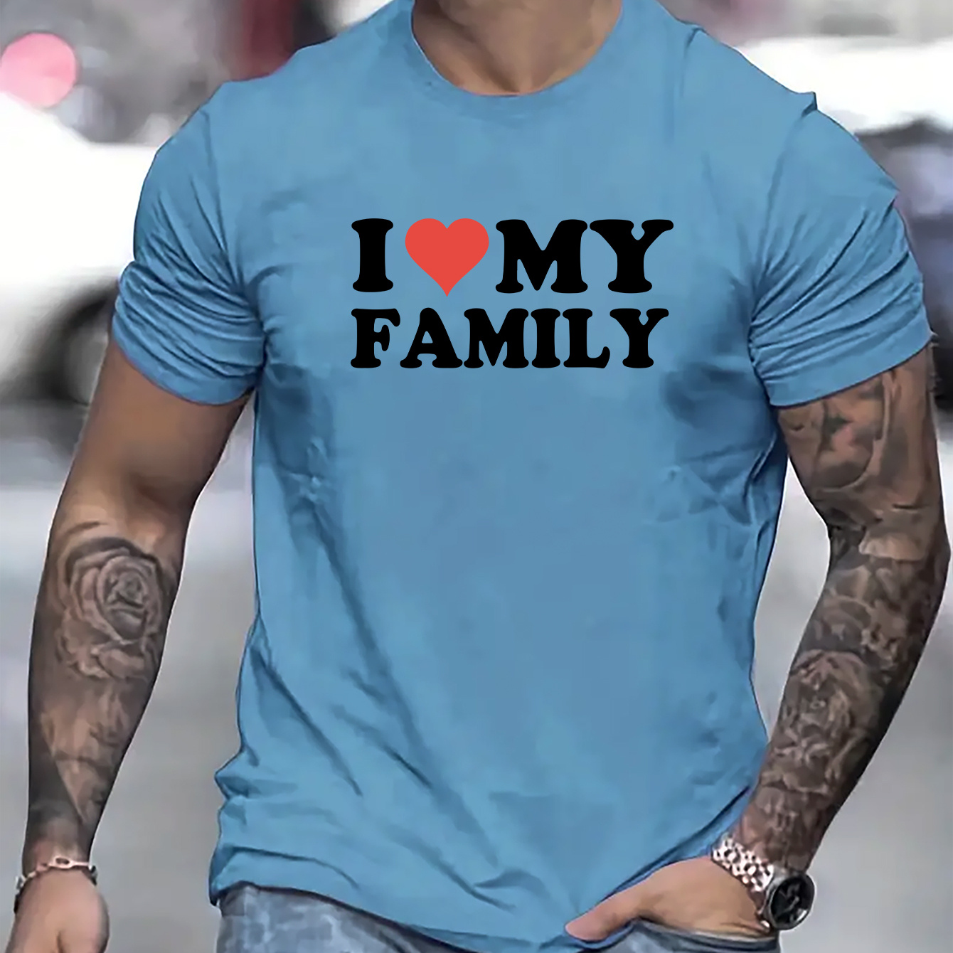 

I Love My Family And Heart Graphic Print, Men's Novel Graphic Design T-shirt, Casual Comfy Tees For Summer, Men's Clothing Tops For Daily Activities