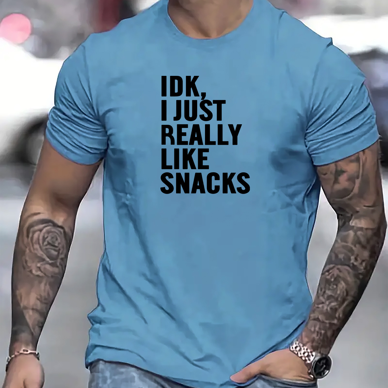 

Idk, I Just Really Like Snacks Print, Men's Novel Graphic Design T-shirt, Casual Comfy Tees For Summer, Men's Clothing Tops For Daily Activities