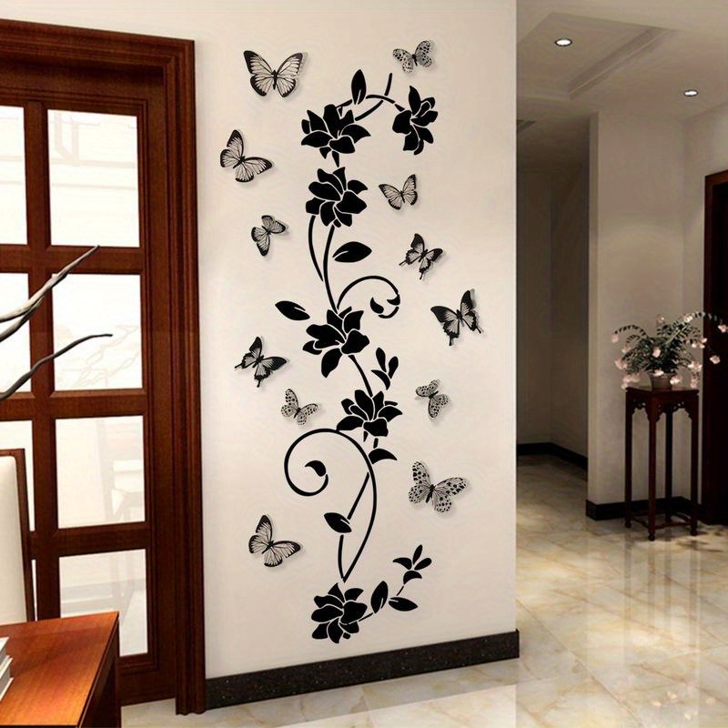 

1 Set Creative Wall Sticker, Black Flower 3d Butterfly Pattern Self-adhesive Wall Stickers, Bedroom Entryway Living Room Porch Home Decoration Wall Stickers, Wall Decor Decals