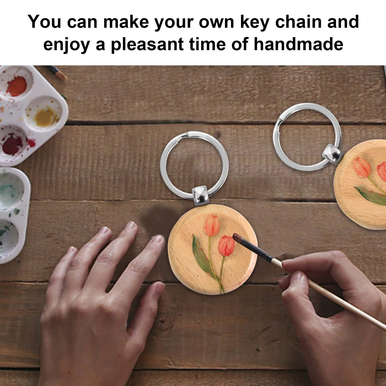 12pcs Round Wooden Key Ring Blank Key Chain DIY Craft Pendant Decoration