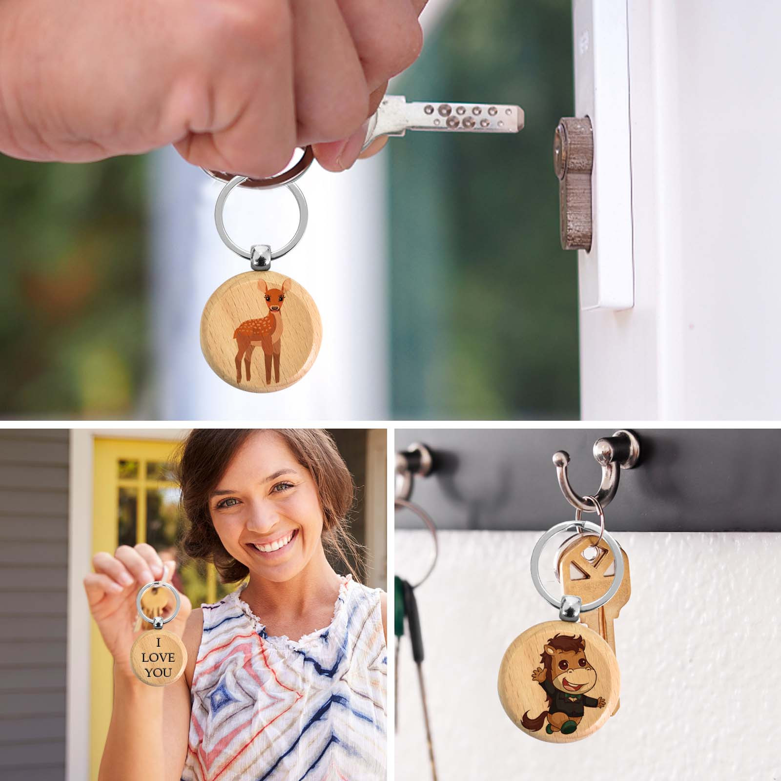 12pcs Round Wooden Key Ring Blank Key Chain DIY Craft Pendant Decoration