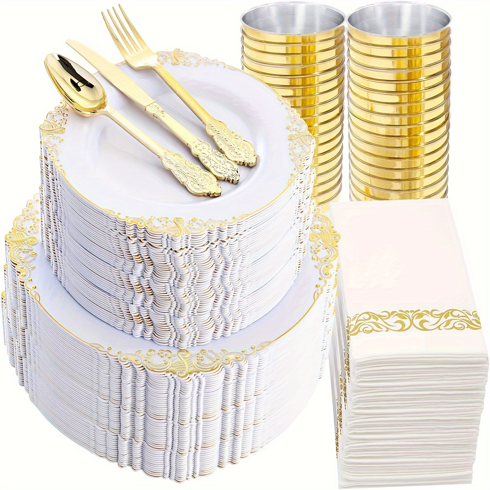  Platos de plástico de lujo de 125 piezas desechables, color  blanco, rosa y dorado con cubiertos, vajilla elegante para bodas, fiestas  de vacaciones, China, juego de 25 platos de cena +