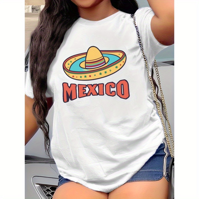 

Mexico Mexican Sombrero Print T-shirt, Short Sleeve Crew Neck Casual Top For Summer & Spring, Women's Clothing