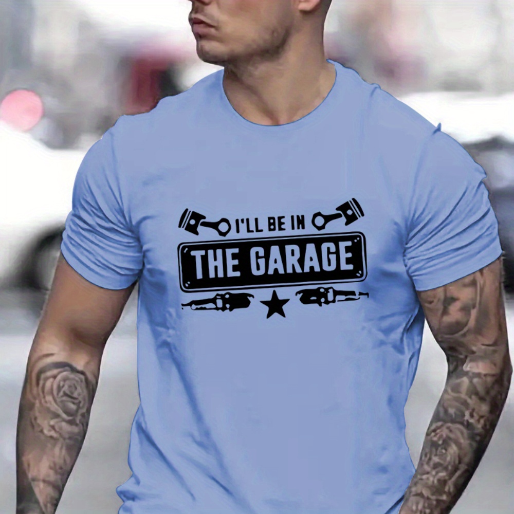 

The Garage Graphic Print Men's Creative Top, Casual Short Sleeve Crew Neck T-shirt, Men's Clothing For Summer Outdoor