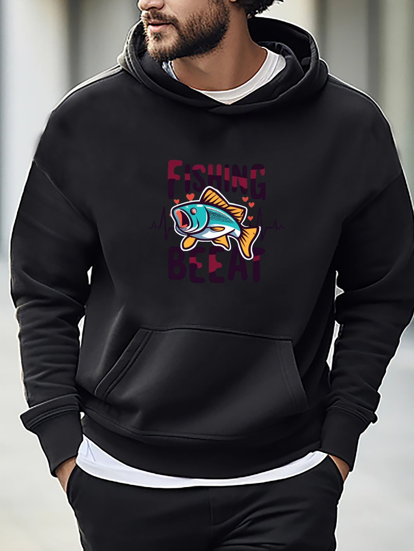 Fish Print Hoodie Kangaroo Pocket Men's Casual Pullover - Temu