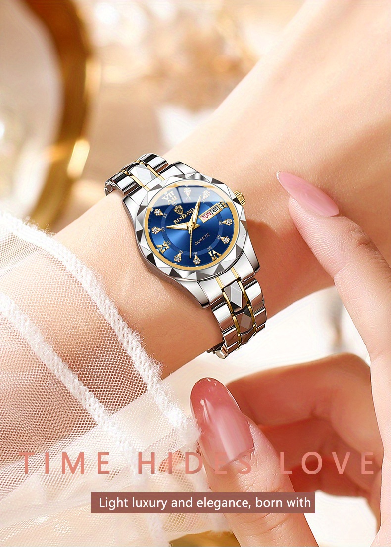BINBOND Women's Light Luxury Quartz Watch with Night Glow, Double Calendar, Stainless Steel Band & Blue Dial - Elegant Casual & Formal Watch for Casual Attire