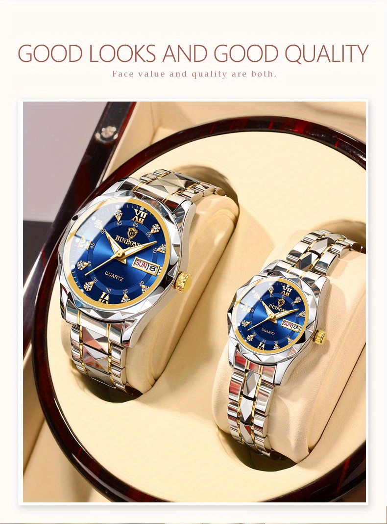 BINBOND Women's Light Luxury Quartz Watch with Night Glow, Double Calendar, Stainless Steel Band & Blue Dial - Elegant Casual & Formal Watch for Casual Attire
