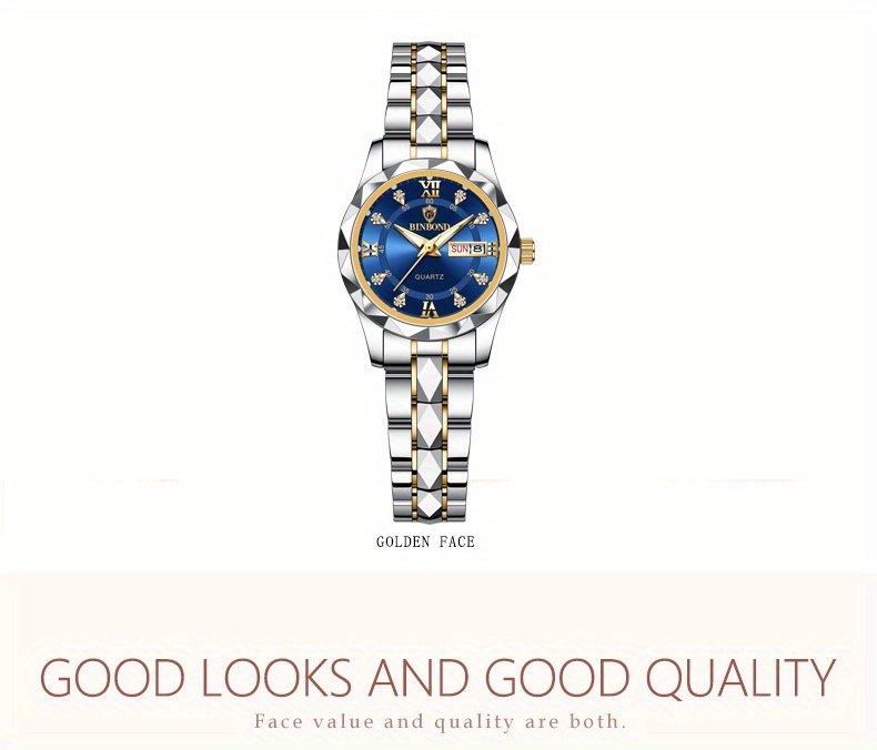 BINBOND Women's Light Luxury Quartz Watch with Night Glow, Double Calendar, Stainless Steel Band & Blue Dial - Elegant Casual & Formal Watch for Casual Attire
