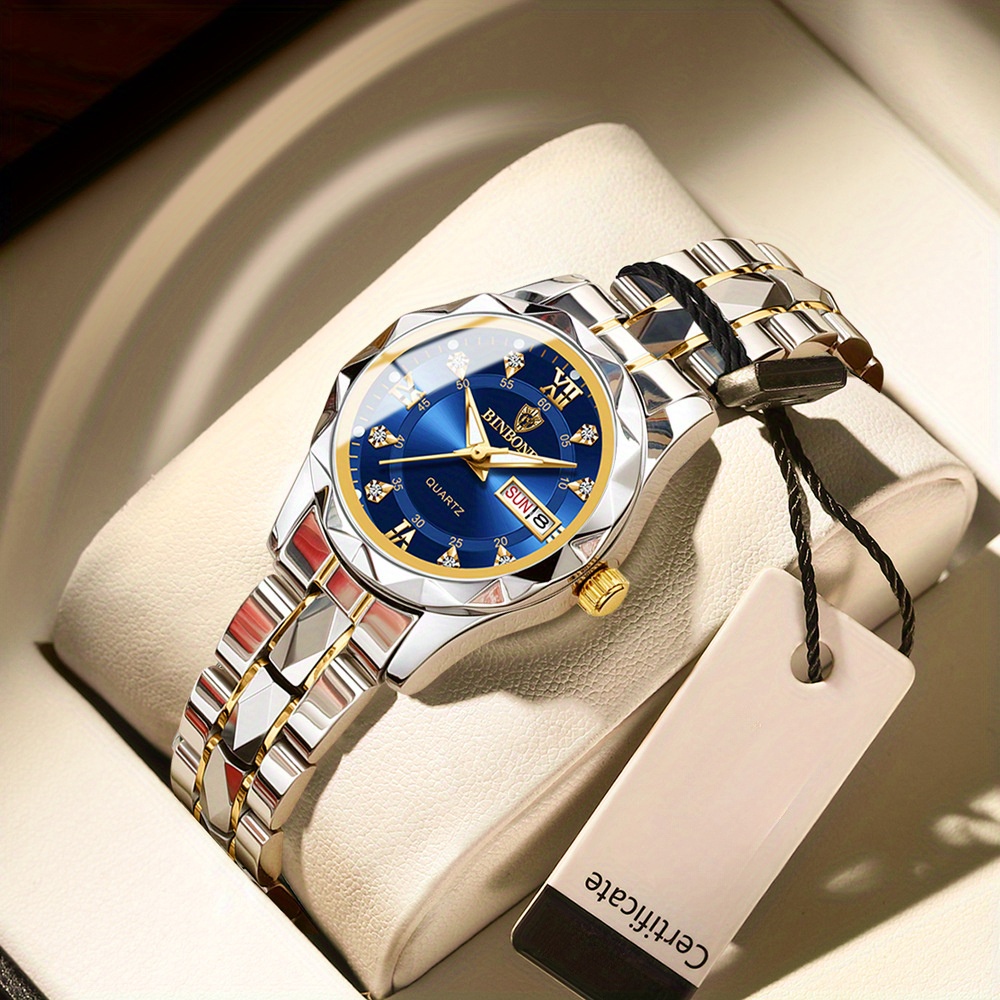 BINBOND Women's Light Luxury Quartz Watch with Night Glow, Double Calendar, Stainless Steel Band & Blue Dial - Elegant Casual & Formal Watch for Casual Attire