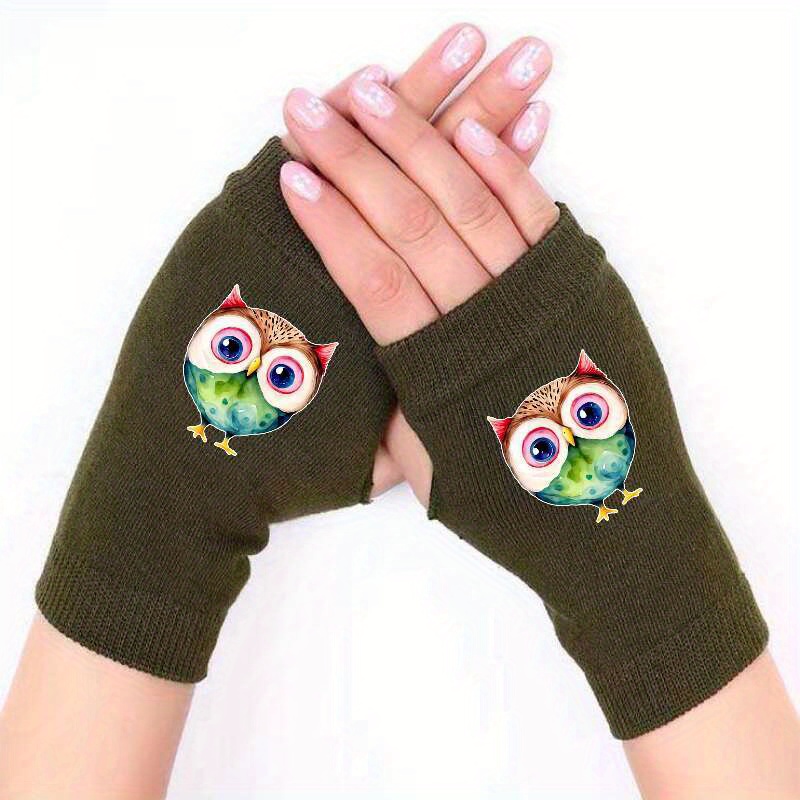 Color Block Half Finger Gloves Bird Embroidery Warmer Knit - Temu