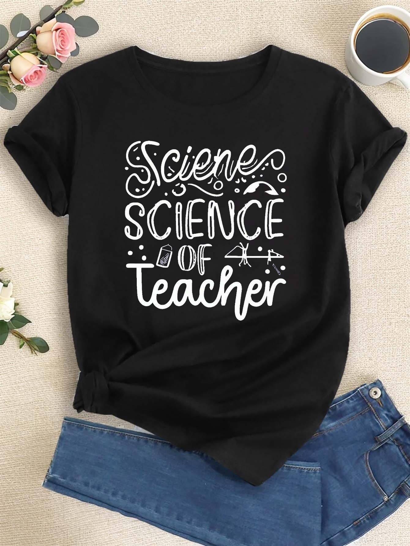 T-shirt Design Science Teacher Print T-shirt, Short Sleeve Crew Neck Casual  Top For Summer & Spring, Women's Clothing