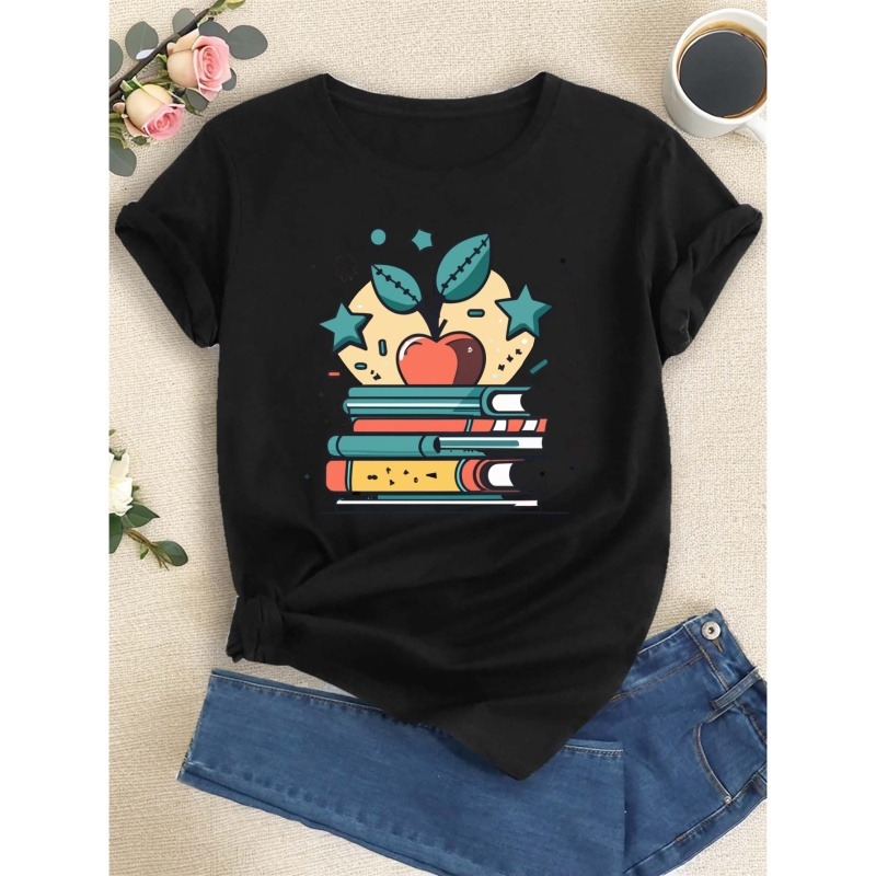 

Teacher's Day Colorful Banner Print T-shirt, Short Sleeve Crew Neck Casual Top For Summer & Spring, Women's Clothing