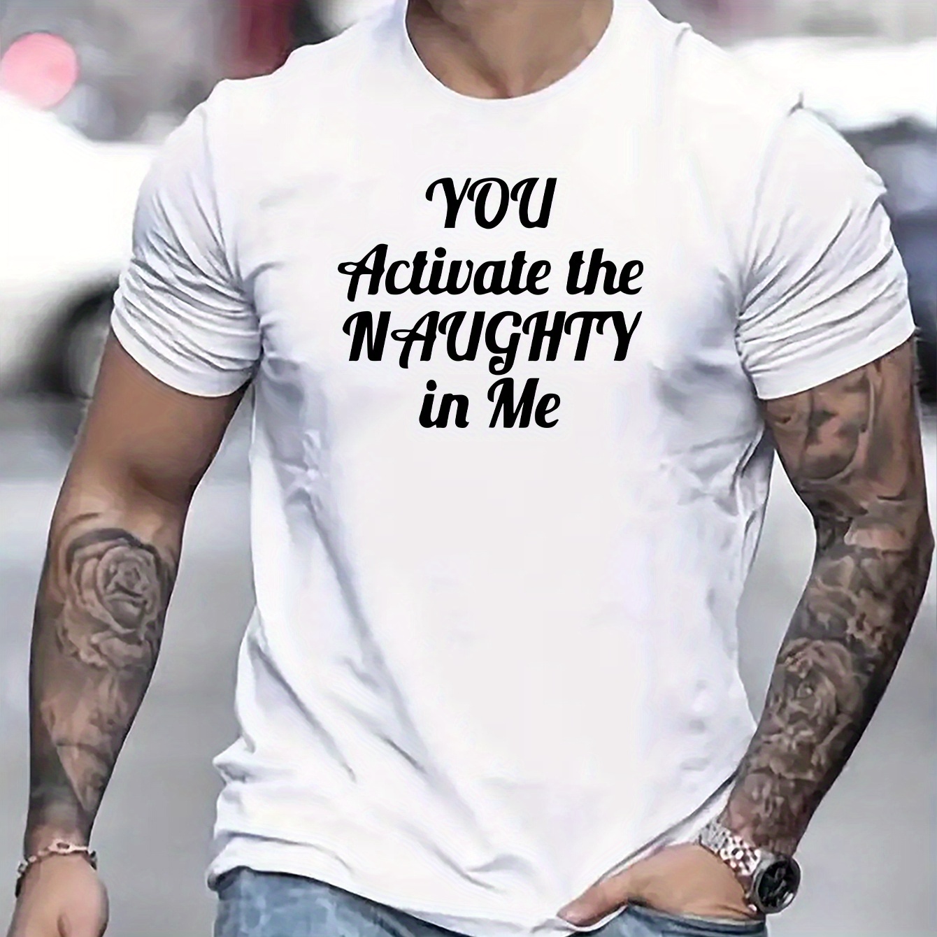 

You Activate The Naughty In Me Print, Men's Novel Graphic Design T-shirt, Casual Comfy Tees For Summer, Men's Clothing Tops For Daily Activities