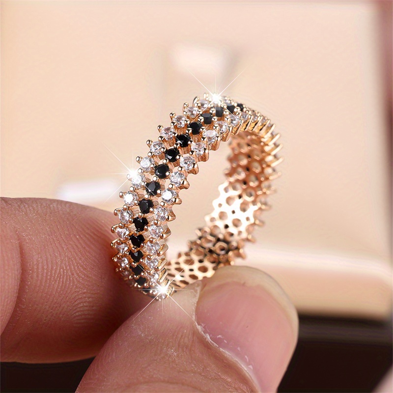Luxury Golden Color 3 Row White Black Stone Ring Wedding Valentine's Day And Mother's Day Gifts