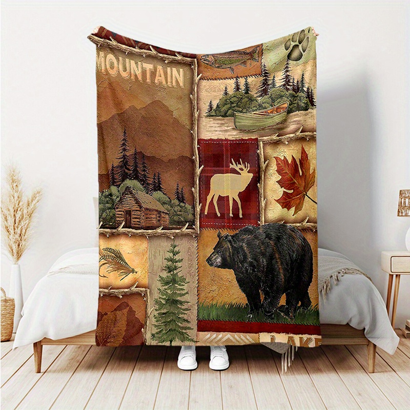 

1pc Mountain Bear Deer Flannel Blanket, Valentine's Day Blanket For All Season, Cozy Warm Soft Blanket For Travelling
