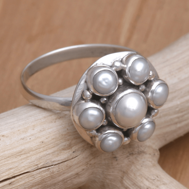 

Saltwater Pearl Vintage Ring Elegant Silver Plated Ring Classic Vacation Style Jewelry For Women