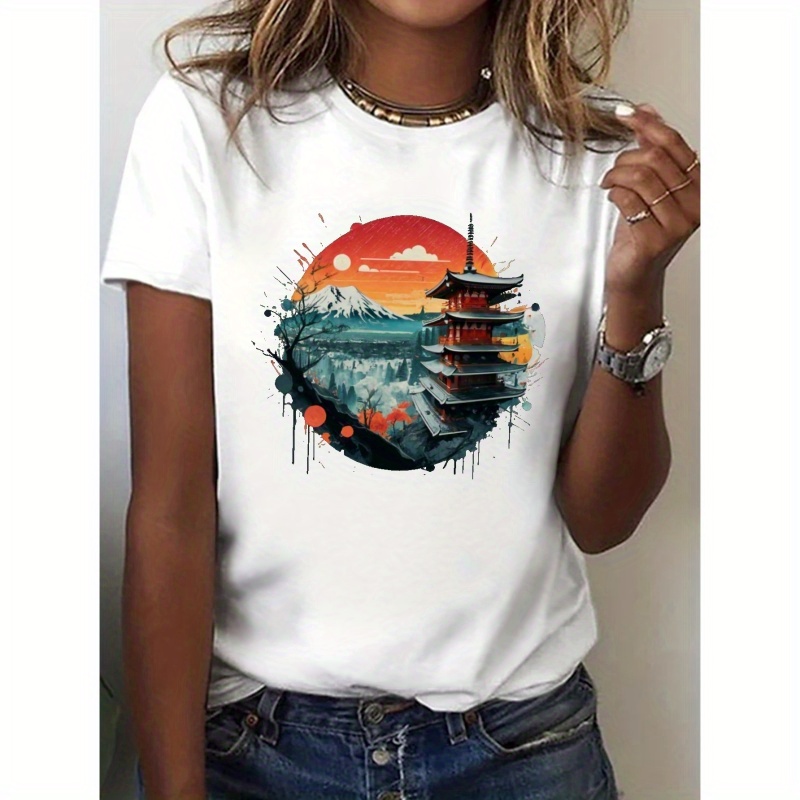 

Japan Landscape Watercolor Splash Print T-shirt, Short Sleeve Crew Neck Casual Top For Summer & Spring, Women's Clothing