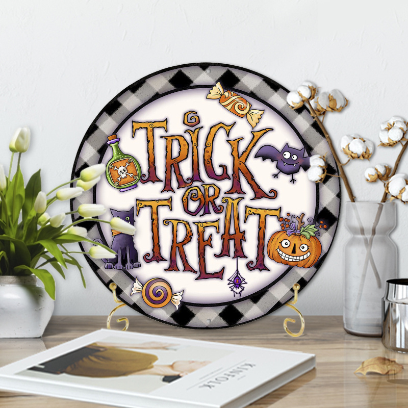 

1pc 8x8inch Aluminum Metal Sign Trick Or Treat Black And White Plaid Sign For Halloween Wreaths Circle Wreath