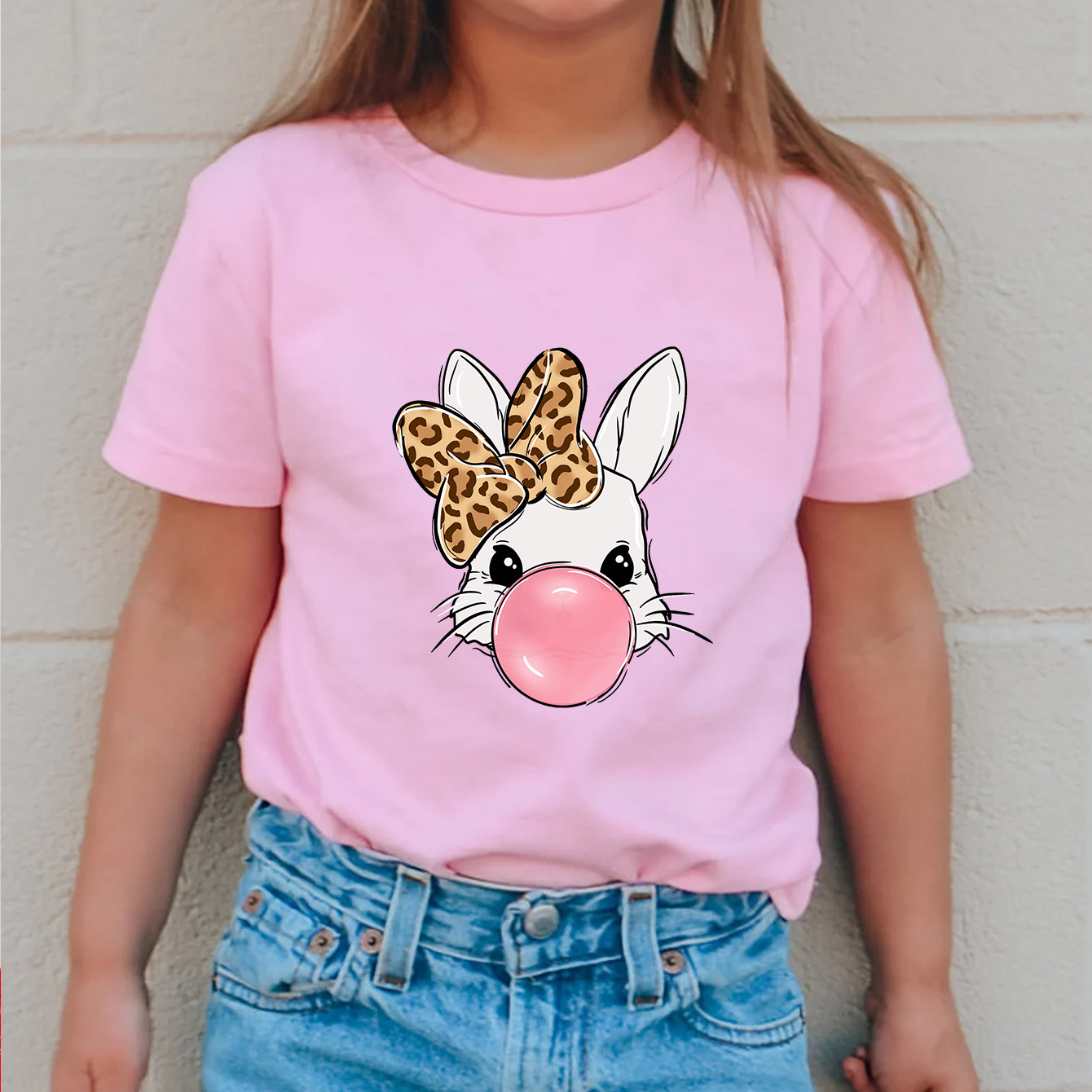 

Cute Easter Bunny Graphic Tees For Girls, Comfy Cotton Short Sleeve T-shirt For Casual Outdoor, Kids Summer Clothes