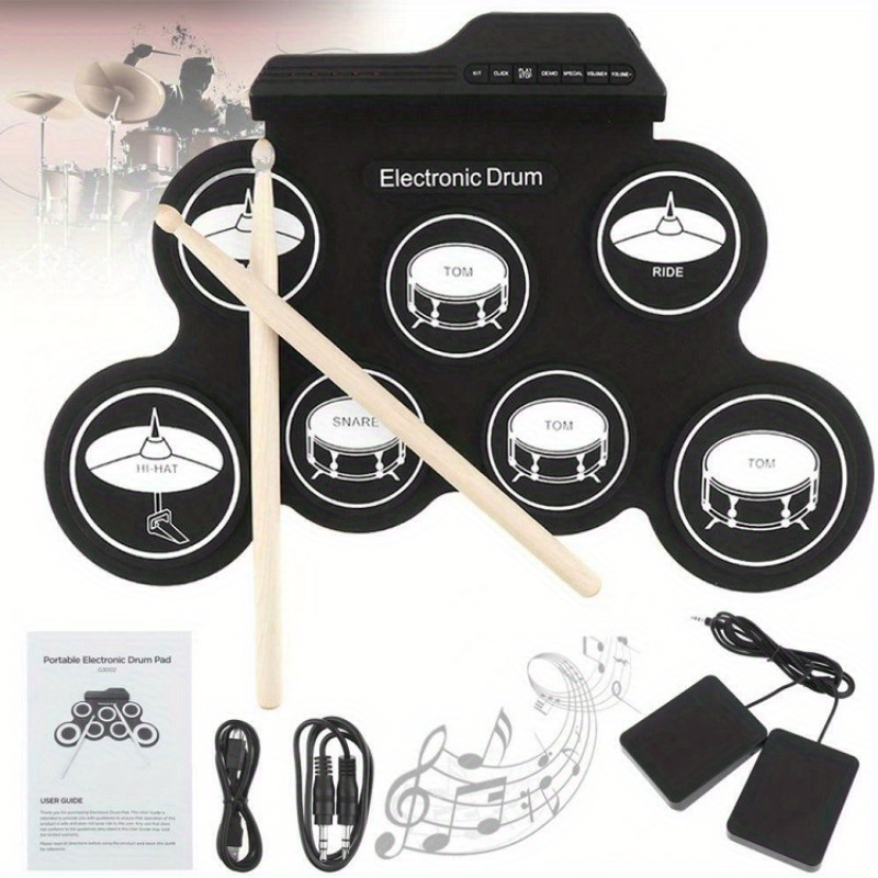 Tambour électronique Roll up,7 Pad Portable Drum Pad kits Pliable Musical  Entertainment Instrument de pratique avec