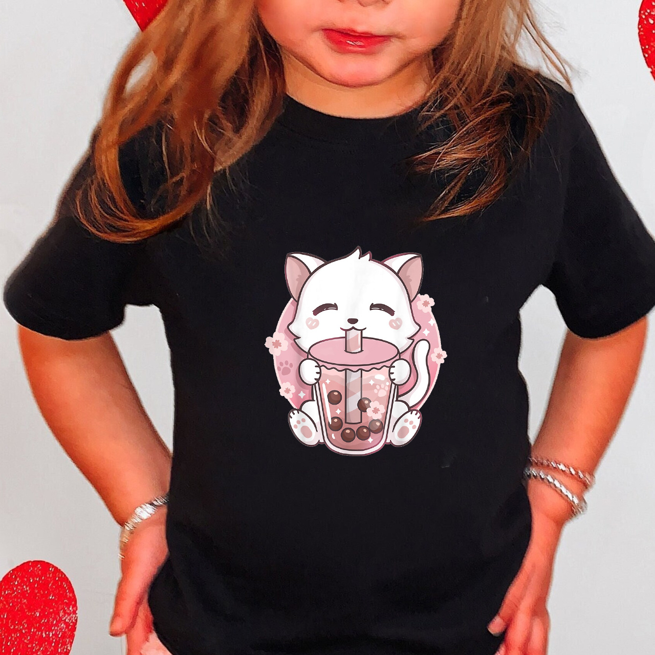 

Cat Loves Boba Tea Graphic Tees For Girls, Comfy Cotton Short Sleeve T-shirt For Casual Outdoor, Kids Summer Clothes