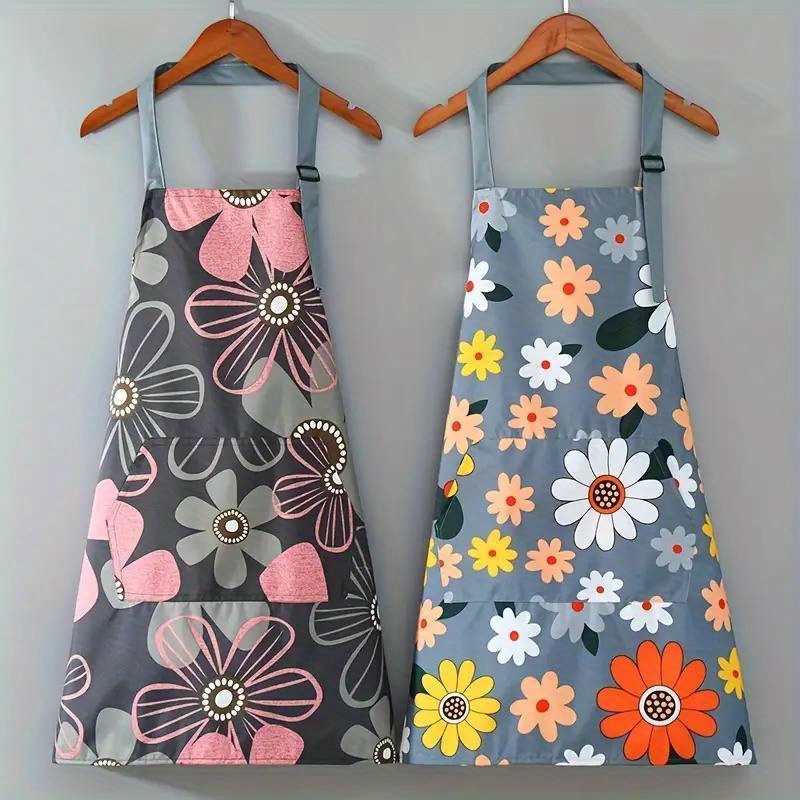 

1pc Oil-proof And Waterproof Apron, Floral Print Apron For Gardening & Cooking, Adjustable Blue Cotton Waterproof Easy To Clean Kitchen Apron With 2 Pockets, Housewives Simple