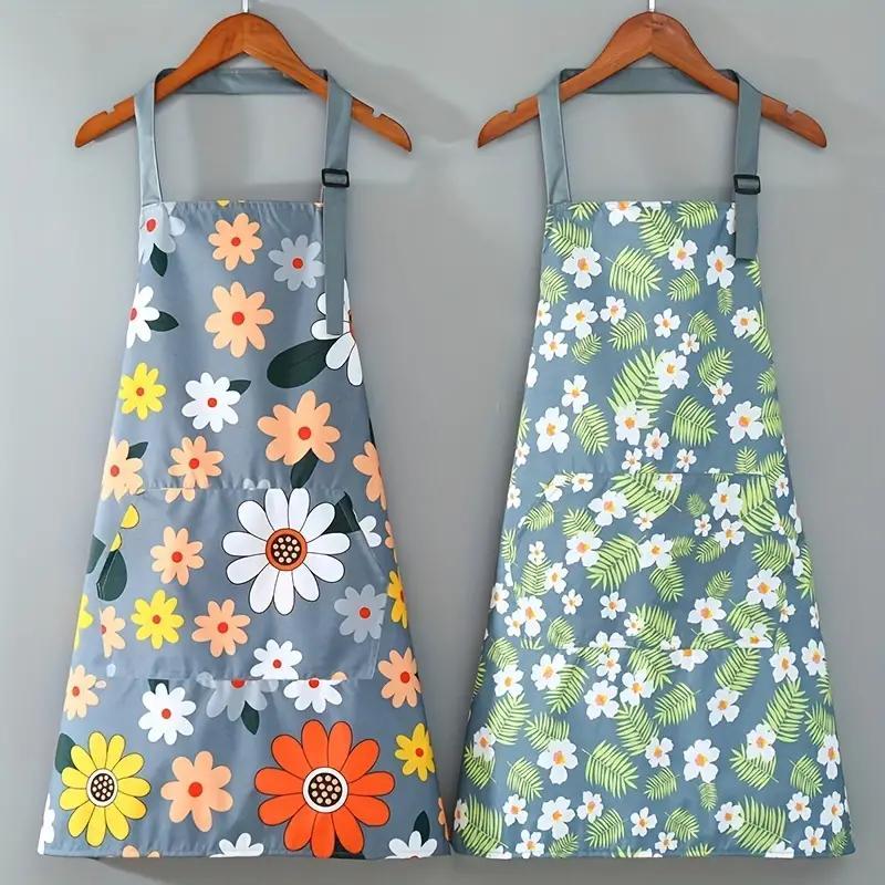 

1pc Oil-proof And Waterproof Apron, Floral Print Apron For Gardening & Cooking, Adjustable Blue Cotton Waterproof Easy To Clean Kitchen Apron With 2 Pockets, Housewives Simple