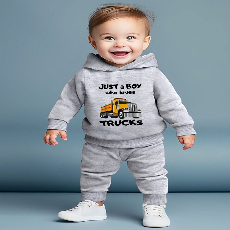 

Baby's 2pcs "just A Boy Who Loves Trucks" Print Casual Outfit, Hoodie & Pants Set, Baby Boy's Clothing, As Gift