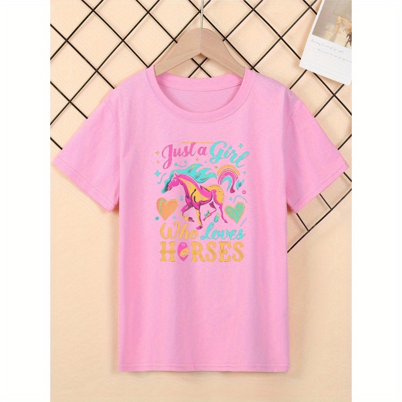 

just A Girl Who Loves Horses" Pattern T-shirt For Kids, Trendy Short Sleeve Top, Girl's Clothing