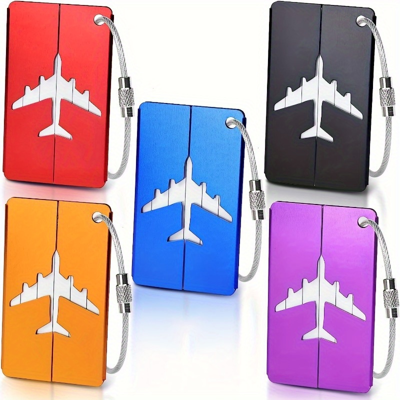 

5pcs Aluminum Luggage Tag Set, Waterproof Luggage Tag, Simple Plane Pattern Tag, Luggage Tag With Stainless Steel Loop, Airplane Tag, Travel Carrying Identification Tag