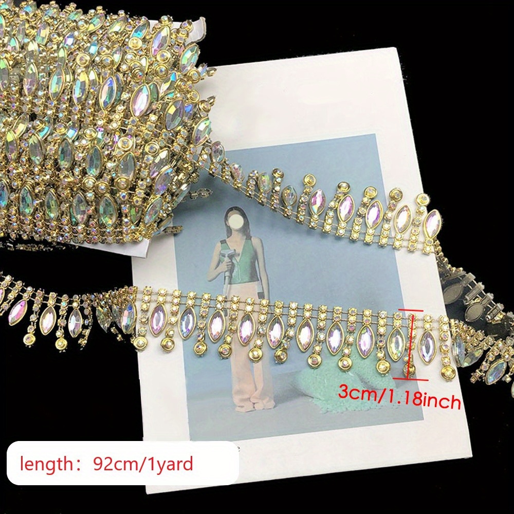 Image of 1pc 1 Yard 3cm/1.18inch Ab Rhinestone Chain Tassel Lace, Ethnic Dress Hem Accessory, Trim Chain
