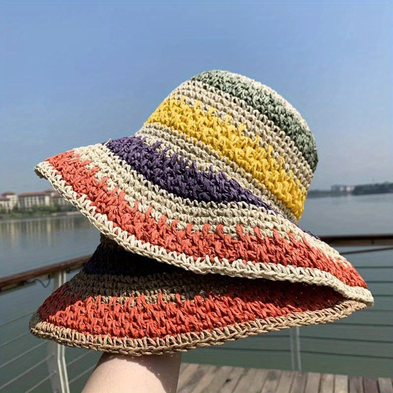 rainbow striped sun hats vintage color block breathable - Temu display picture 2